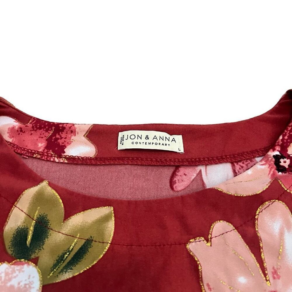 JON & ANNA Red Floral Print Short Sleeve Blouse Size L - Picture 3 of 8